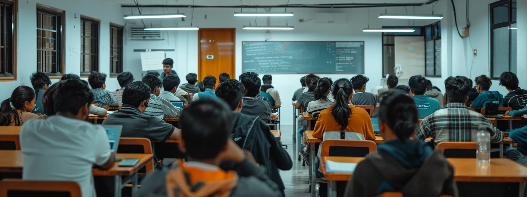 a bright, modern classroom filled with enthusiastic students learning about programming languages and cloud technologies in an accredited aws training center in pune.