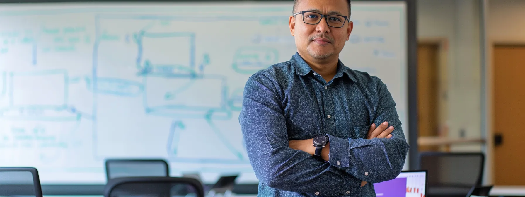 a confident professional standing in a modern classroom, surrounded by futuristic technology and a whiteboard filled with aws architecture diagrams.