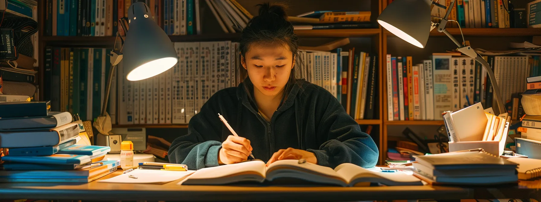 a focused individual studying at a desk covered with aws study materials and practice exams, surrounded by books on leadership, data structures, and fault tolerance.