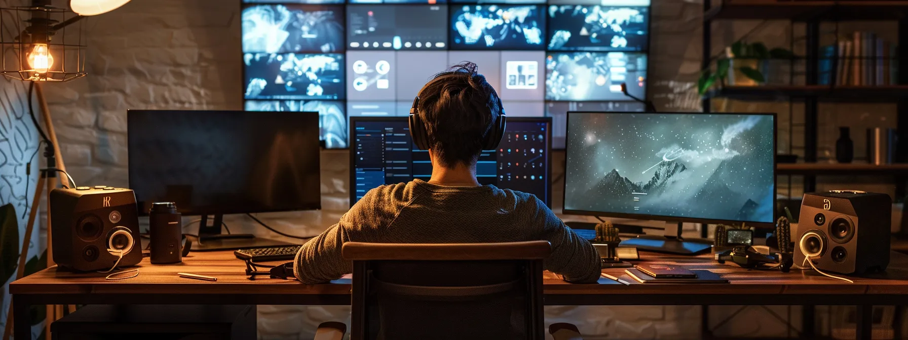 a focused individual studying various aws certification materials surrounded by tech gadgets in a modern workspace.