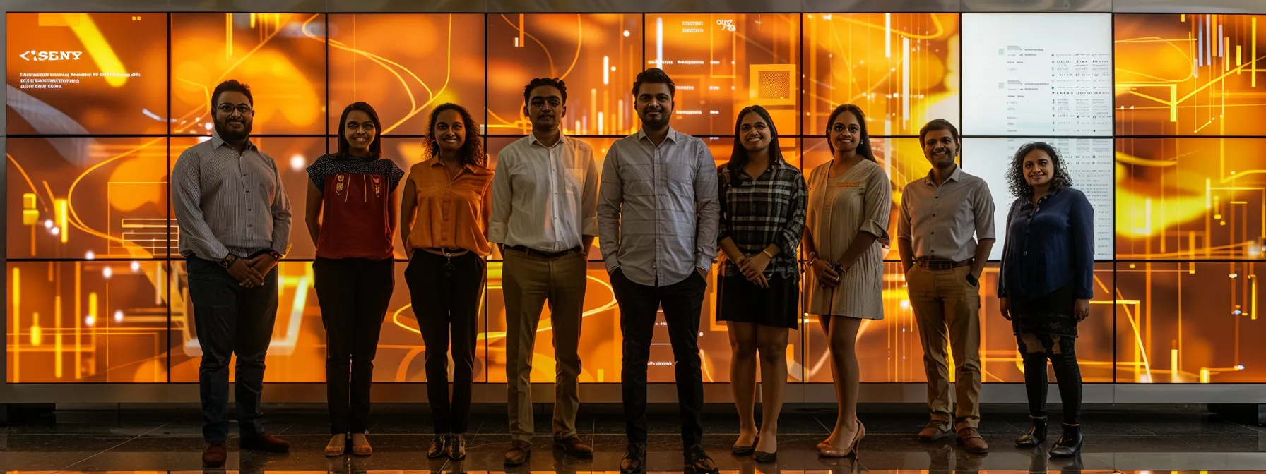 a group of diverse individuals in pune confidently standing in front of a glowing screen displaying their aws certifications and success stories, showcasing their journey of personal growth and career advancement in the tech industry.