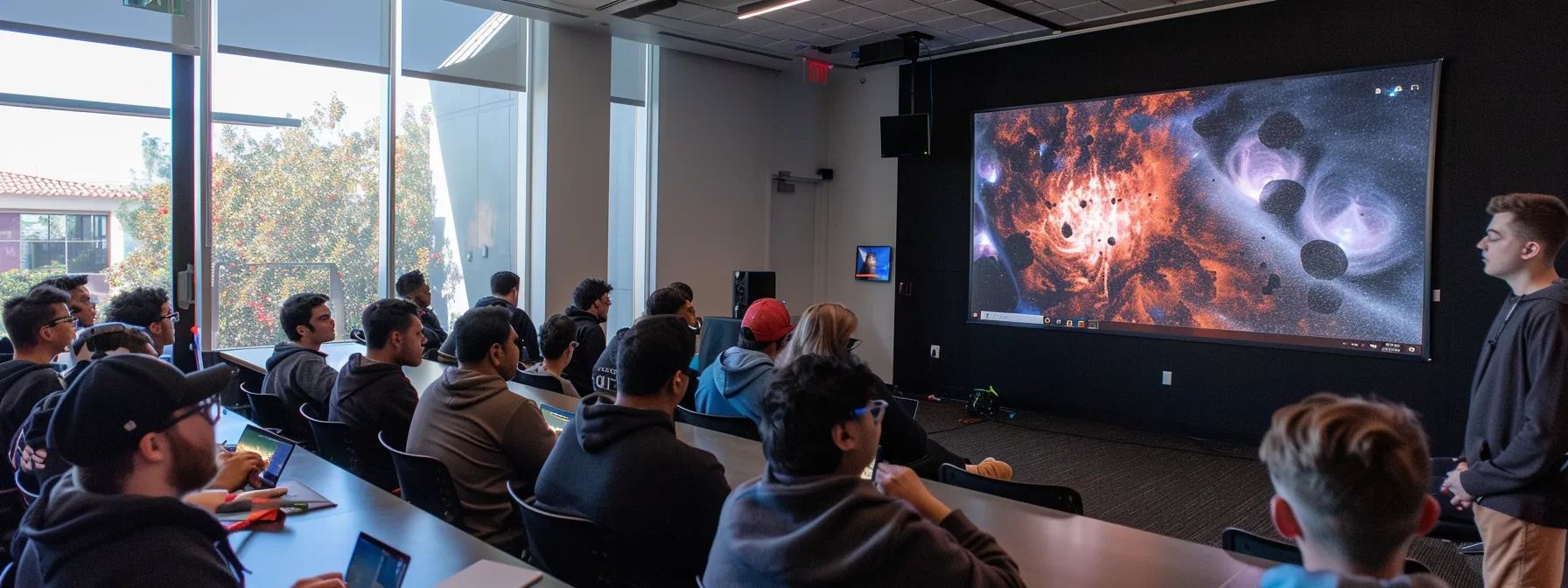 a group of focused students eagerly watching a dynamic aws training session in a modern classroom setting.