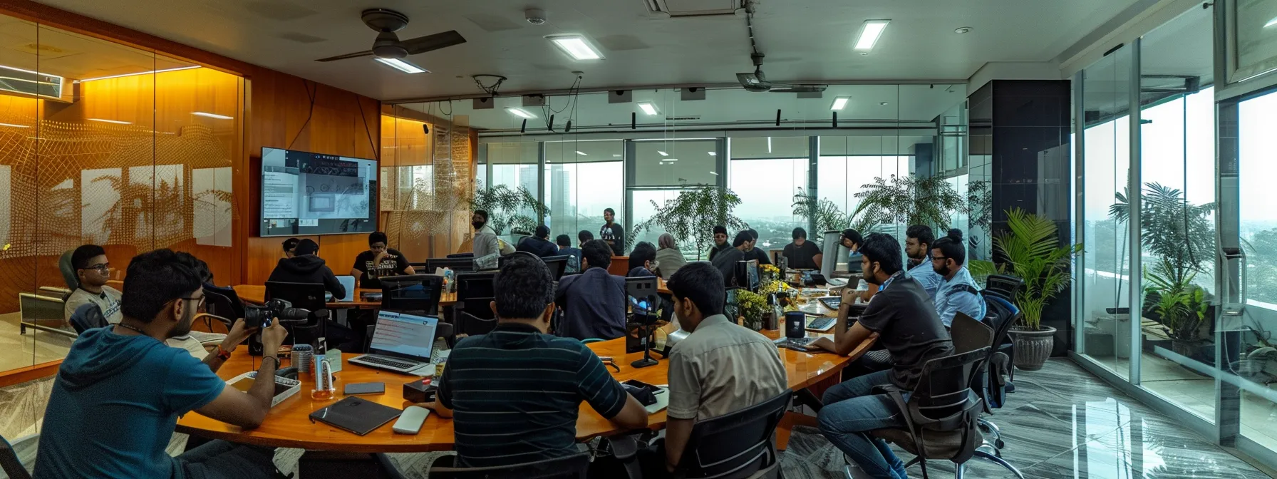 a group of professionals collaborating on a futuristic, fault-tolerant cloud architecture project in pune's bustling tech community.