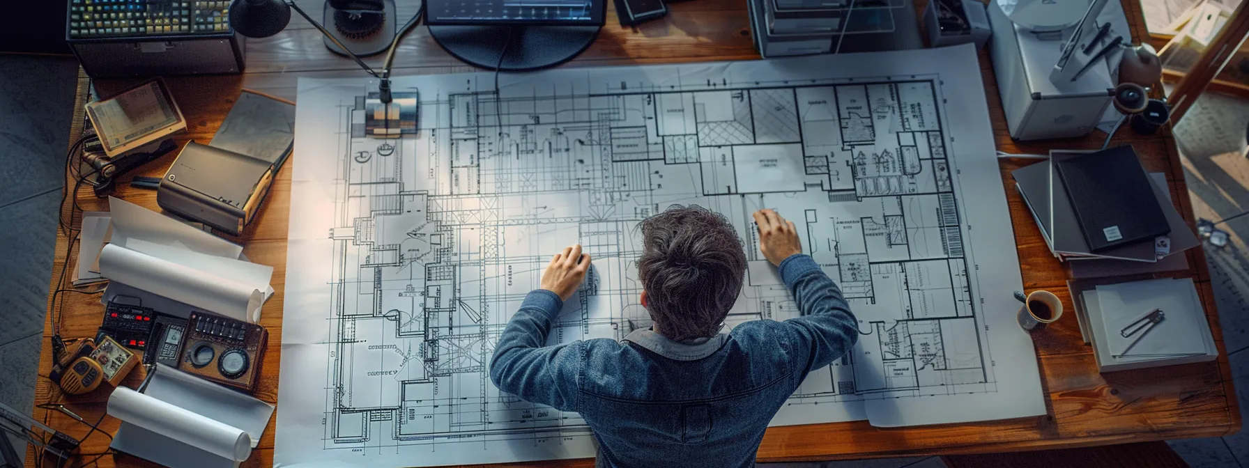 a person studying a blueprint of a complex cloud architecture design, surrounded by servers, networking equipment, and security locks.