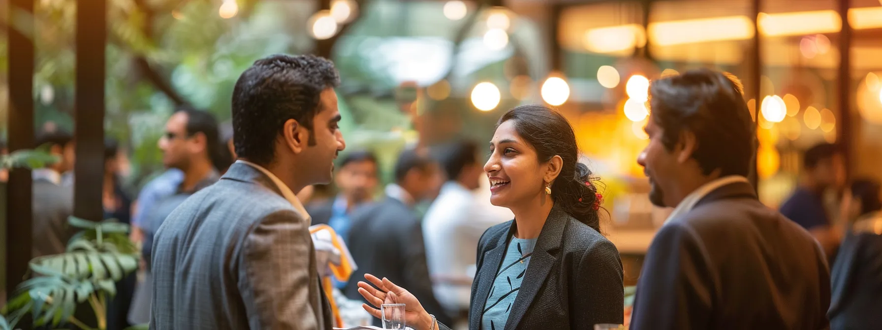 a professional networking event in pune's bustling it sector, with individuals engaged in meaningful conversations and exchanging business cards.